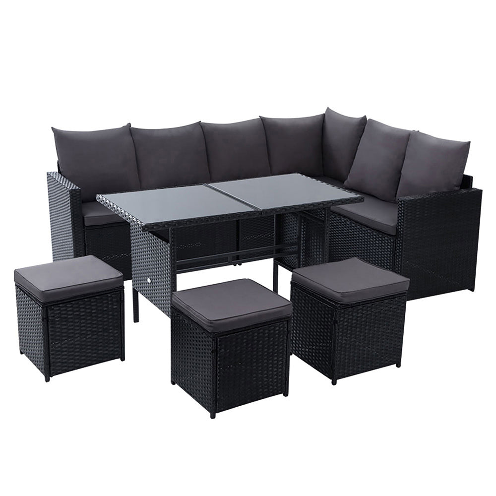 Armadale Deluxe 9 Seater Sofa Dining Set with 3 Ottomans - Black